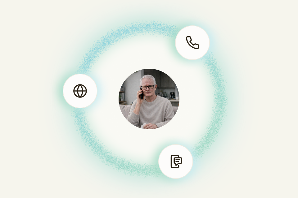Illustration of a garage manager taking a call, surrounded by phone, web, and message channels